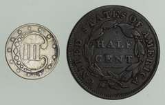 Lot (2) 1832 Classic Head Half Cent & 1852 Silver Three-Cent Piece