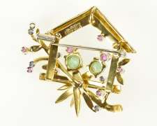 18K Yellow Gold Bird House Ruby Sapphire Flourite Retro Pendant/Pin