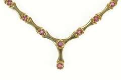 14K Yellow Gold Ruby Encrusted Curved Bar Link Chevron Necklace