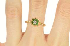 14K Yellow Gold 1960's Diamond Emerald Halo Flower Engagement Ring