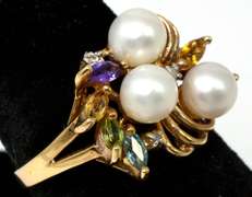 Unique Pearl & Multi Gemstone Ring in Yellow Gold