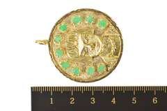 18K Yellow Gold Ornate Stylized Peruvian Face Raw Emerald Pendant