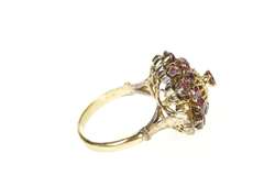 18K Yellow Gold Ornate 1950's Ruby Heart Cocktail Cluster Ring