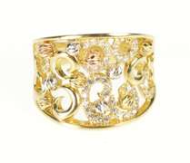 14K Yellow Gold Ornate Swirl Curved CZ Encrusted Statement RIng