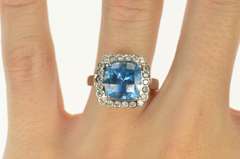 14K White Gold Cushion Blue Topaz Scalloped Diamond Halo Ring