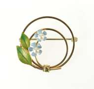 10K Yellow Gold Retro Pearl Flower Blue & Green Enamel Pin/Brooch