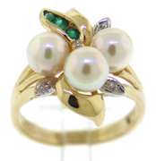 Excellent Triple Pearl w Diamond & Emerald Ring