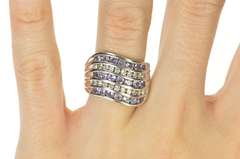 10K White Gold Tiered Wavy Row Tanzanite Diamond Statement Ring