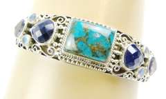 Gorgeous Sterling Turquoise & Gemstones Cuff Bracelet