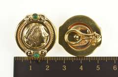 14K Yellow Gold Ornate Cameo Green Chalcedony French Clip Earrings