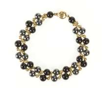 14K Yellow Gold Round Black Onyx Hematite Beaded Statement Bracelet