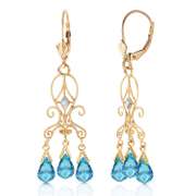 Solid Yellow Gold Chandelier Diamond Earrings Blue Topaz