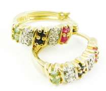 Sterling Vermeil Ruby, Sapphire, Emerald Huggie Hoop Earrings