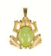 14K Yellow Gold Oval Jade Cabochon Frog Ruby Eye Accent Pendant