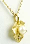 Vintage 14K Pearl & Diamond Leaf Pendant & Chain