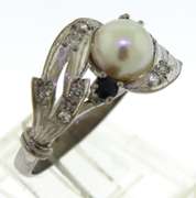 Vintage 14kt WG Pearl Sapphire & Diamond Swirl Ring