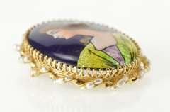 14K Yellow Gold French Ceramic Painted Lady Pearl Halo Pendant/Pin