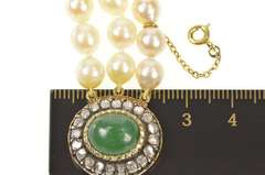 14K Yellow Gold Victorian Jade Diamond Halo Pearl Layered Bracelet