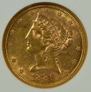Fresh near mint 1886-S $5 Liberty Gold Piece. NGC AU58