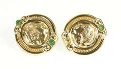 14K Yellow Gold Ornate Cameo Green Chalcedony French Clip Earrings