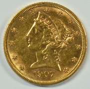 Fully struck BU 1907-D US $5 Liberty Gold Piece