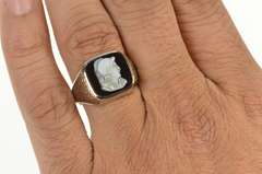 10K White Gold Art Deco Black Onyx Cameo Men's Etched Ring