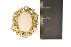 14K Yellow Gold 1950's Coral Oval Halo Leaf Vine Cocktail Ring