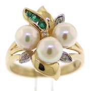 Excellent Triple Pearl w Diamond & Emerald Ring
