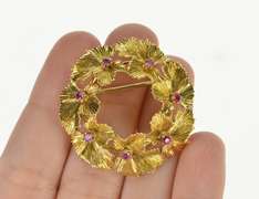 10K Yellow Gold Retro Syn. Ruby Leaf Wreath Statement Pin/Brooch
