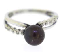 Flashy 7.5mm Black Pearl Ring w Diamond Accent