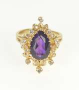 14K Yellow Gold Pear Amethyst Diamond Cocktail Statement Ring