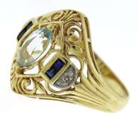 Nice Marquise Aquamarine & Diamond Accent Filagree Ring