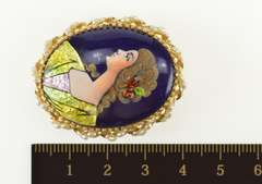 14K Yellow Gold French Ceramic Painted Lady Pearl Halo Pendant/Pin