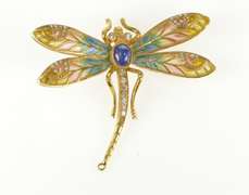 14K Yellow Gold Art Nouveau Diamond Sapphire Dragonfly Pin/Brooch