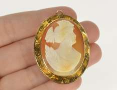 10K Yellow Gold Etched Design Victorian Carved Lady Cameo Pendant/Pin