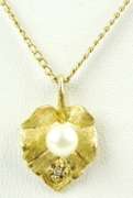 Vintage 14K Pearl & Diamond Leaf Pendant & Chain