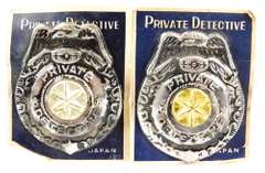 2 Vintage Private Detective Toy Tin Badges