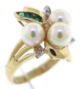 Excellent Triple Pearl w Diamond & Emerald Ring