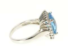 14K White Gold Cushion Blue Topaz Scalloped Diamond Halo Ring