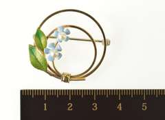 10K Yellow Gold Retro Pearl Flower Blue & Green Enamel Pin/Brooch
