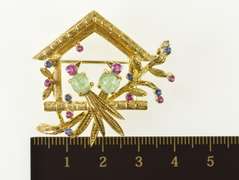 18K Yellow Gold Bird House Ruby Sapphire Flourite Retro Pendant/Pin