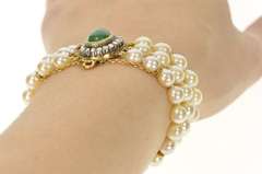 14K Yellow Gold Victorian Jade Diamond Halo Pearl Layered Bracelet
