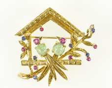 18K Yellow Gold Bird House Ruby Sapphire Flourite Retro Pendant/Pin