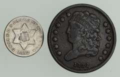 Lot (2) 1832 Classic Head Half Cent & 1852 Silver Three-Cent Piece