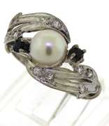 Vintage 14kt WG Pearl Sapphire & Diamond Swirl Ring
