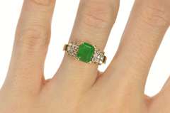 14K Yellow Gold 1.20 Ctw 1950's Emerald Diamond Engagement Ring