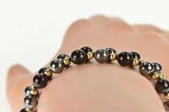 14K Yellow Gold Round Black Onyx Hematite Beaded Statement Bracelet