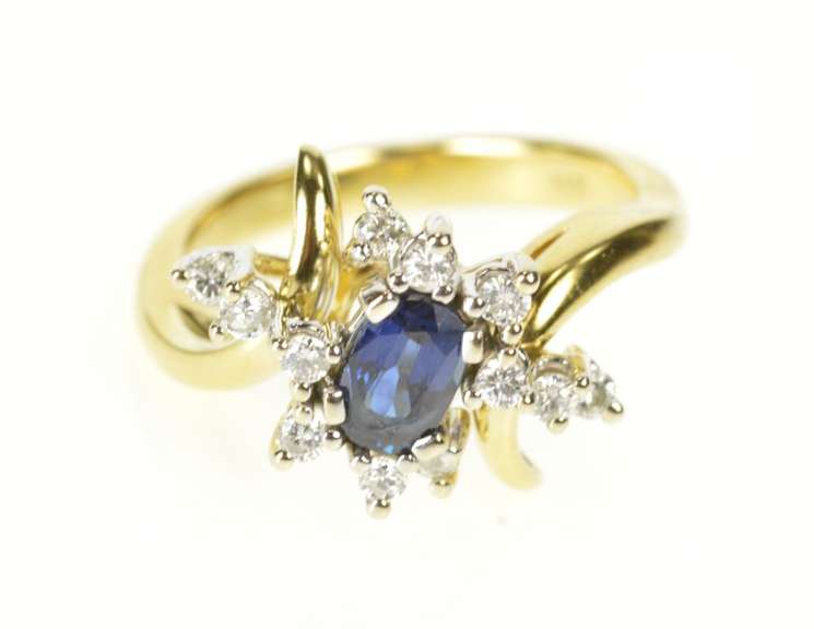 18K Yellow Gold Sapphire Diamond Bypass Engagement Ring