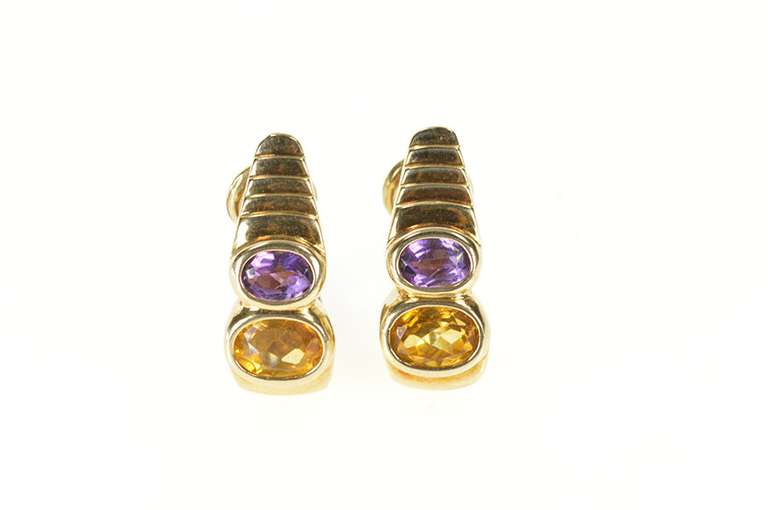 14K Yellow Gold Citrine Amethyst French Clip Statement Earrings