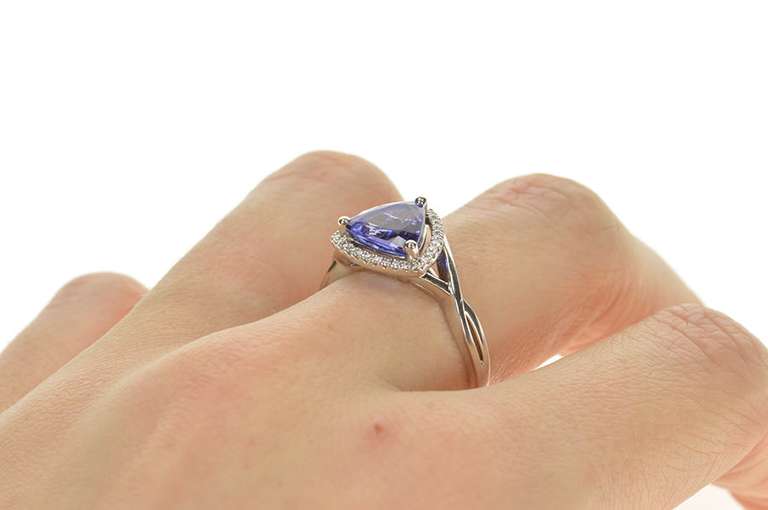 14K White Gold Trillion Iolite Diamond Halo Engagement Ring